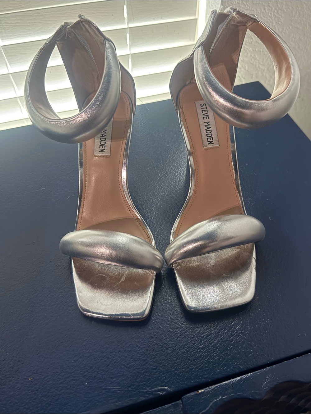 Steve Madden Silver Metallic Square-Toe Ankle-Strap Heels